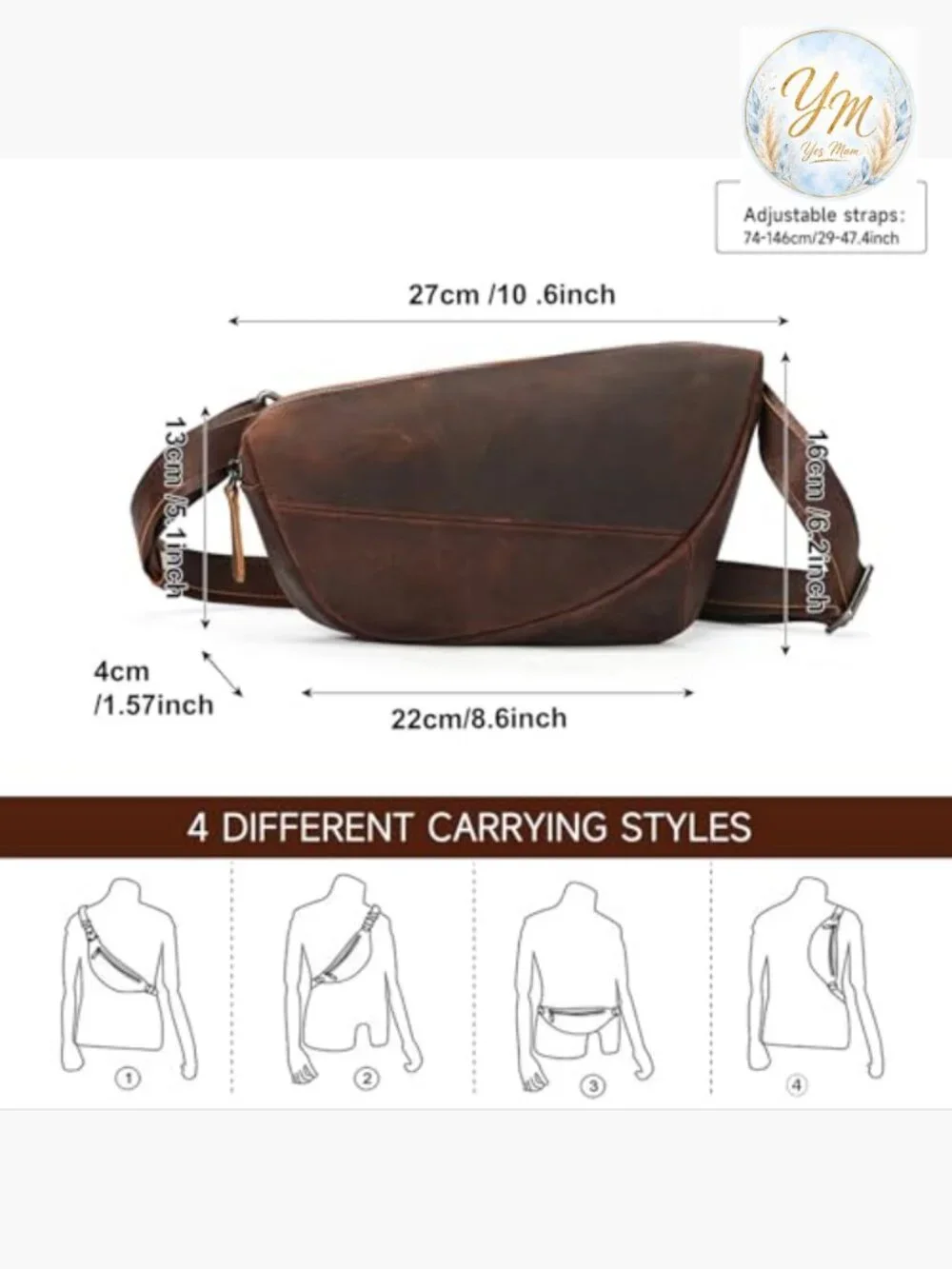 Genuine Leather Sling Bag Crossbody Purse Chest Daypack Hiking Travel